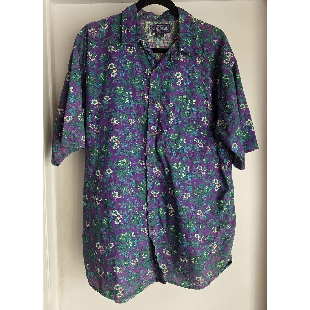 Shah Safari Men's L Floral Cotton Button-Down Shirt Purple Short Sleeve Top